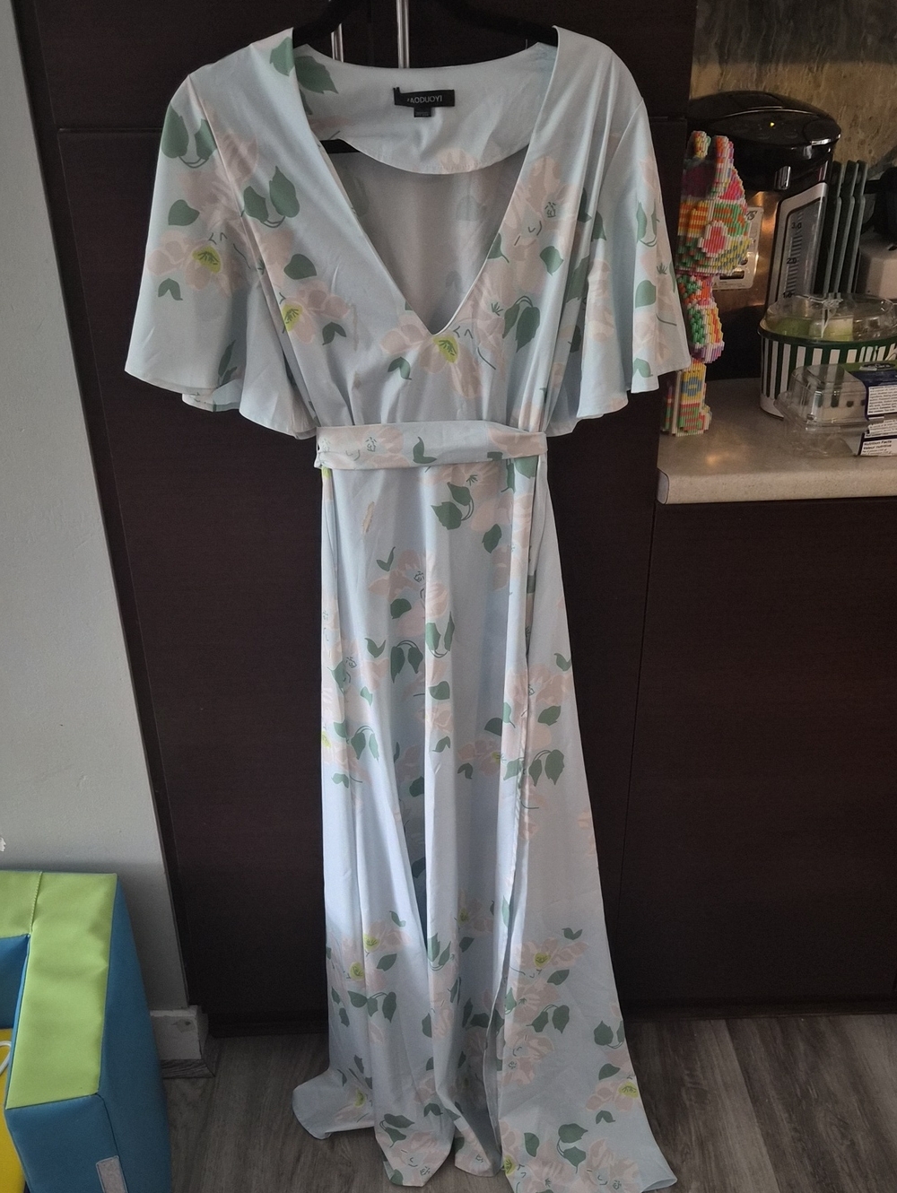 HAODUOYI Pale Blue Floral Maxi Dress with Waist Tie